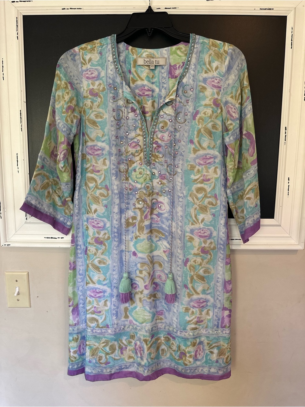 Bella Tu Luxury Resort Wear Pastel Floral Tunic Dress Sz. XS NWOT